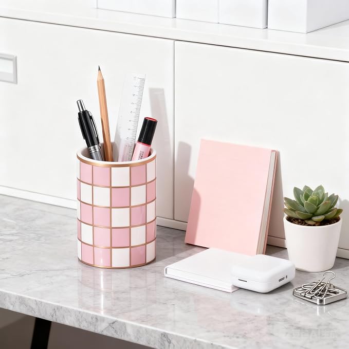 Ceramic Checkered Pen Holder For Desk,Cute Stand Black And White Pencil Cup,Durable Ceramic Pencil Cup, Decorative Makeup Brush Holder Cup, Stationery Holder for Office, School, Home (Pink)