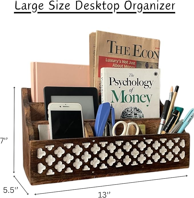 Mie Creations Wooden Office Mail Organizer for Desk Table, Vintage Wood Stationery Storage Pen Holder Desktop Accessories, 5 Compartments Bill Sorter, 13'' Large Caddy for Home, Art Supplies- White