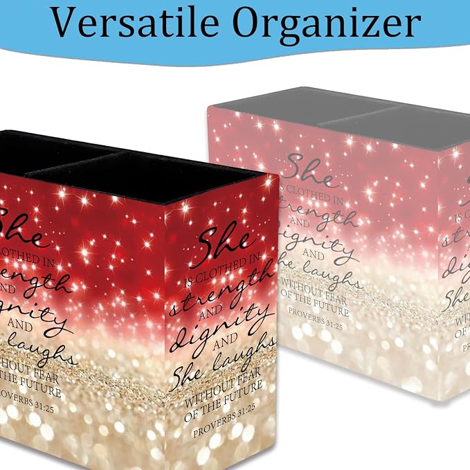 Pen Holder, Pencil Case, Makeup Brush Storage Box, Tableware Storage Box, Suitable for Office Or Home Item Organizing Stand - Red Glitter Quote Proverbs 31-25