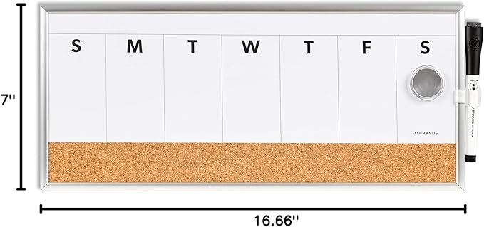 U Brands Dry Erase Weekly Combo Board, 7" x 16" Inches, Office Supplies, Silver Aluminum Frame, Pack of 1 (4585U03)