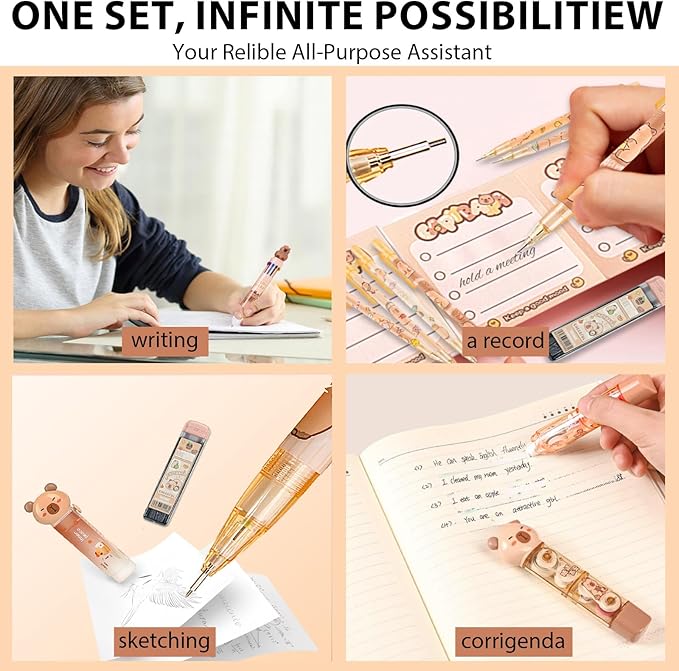 Cute Capybara School Supplies Stationery Set Kawaii Stationery Birthday Gifts Includes Eraser Mechanical Pencils Erasers Correction Tape Pencil Holder Gel Pens,for Office School Supplies