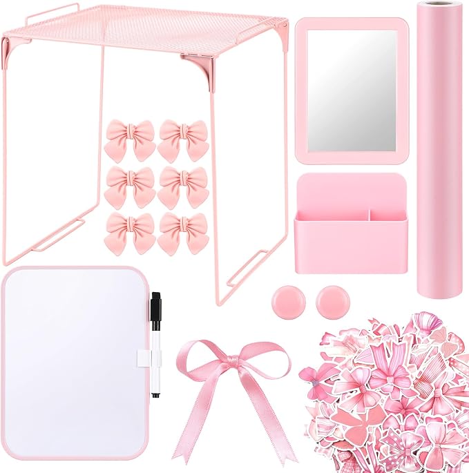 Watersay 115 Pcs Pink Locker Accessories Kit Foldable Locker Shelf Decorations for Girl Pink Bow Pen Holder Magnetic Mirror Coquette Stickers Background Whiteboard Ribbon Back to School Essentials