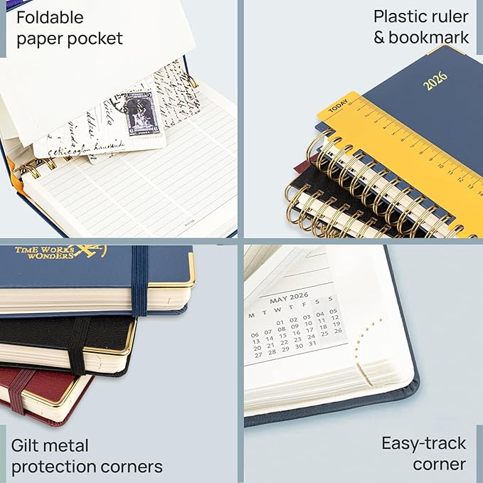 POPRUN 2026 Planner Daily Weekly and Monthly Calendar with Hourly Schedule(Medium Size 8.5'' x 6.25'' Wire-Bound Hard Cover) - Agenda 2026 (Jan.2026-Dec.2026), Monthly Tabs - Light Pink