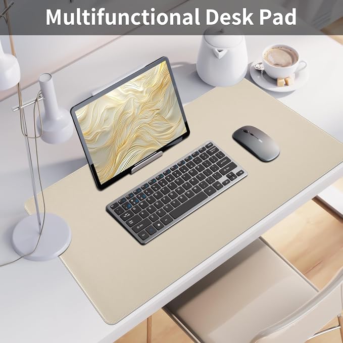 Beige Desk Mat with Stitched Edges, 31.5"×15.7" Keyboard Pad, Non-Slip Desk Protector Mat, Leather Desk Blotter, Waterproof Desk Pad for Office Home Decor