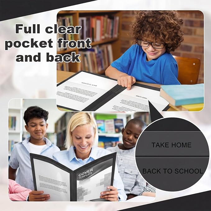 Henoyso 24 Pcs Take Home Folder Heavy Duty 2 Clear Front Pockets and 2 Inside Pockets Homework Folders for School Students Parent Teacher Classroom Communication (Black)