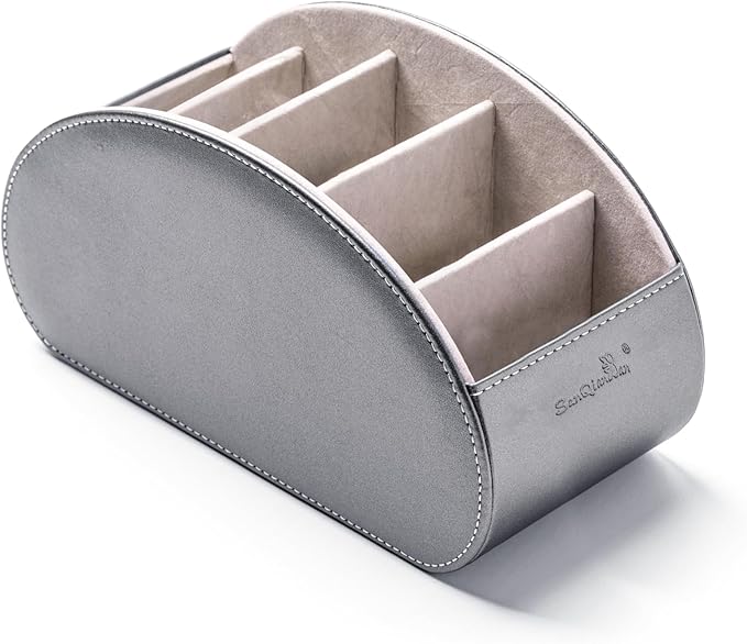 Remote Control Holders Organizer Box with 5 Compartment PU Leather Multi-functional Office Desk Storage Caddy Store Tv Remote for Media Player,Brush,Pencil,Glassees&Office Supplies (Champagne silver)