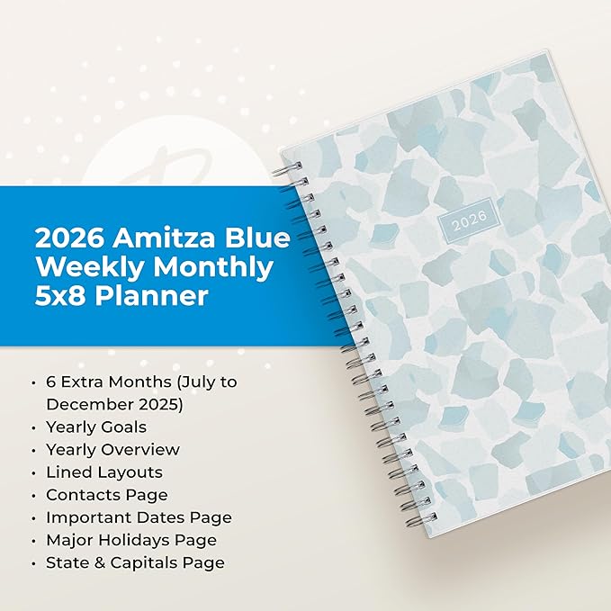 Blue Sky 2026 Weekly and Monthly Planner Calendar, January 2026 - December 2026, 5" x 8", Flexible Frosted Cover, Laminated Tabs, Durable Twin Wire Binding, Amitza