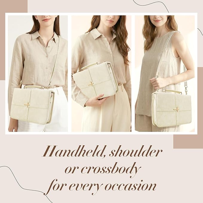Classic Leather Bible Cover Case with Cross Design and Handle & Shoulder Strap for Women, Durable Bible Study Supplies Organizer Carrying Bag, Christmas Gifts for Christians with Gift Box(Beige