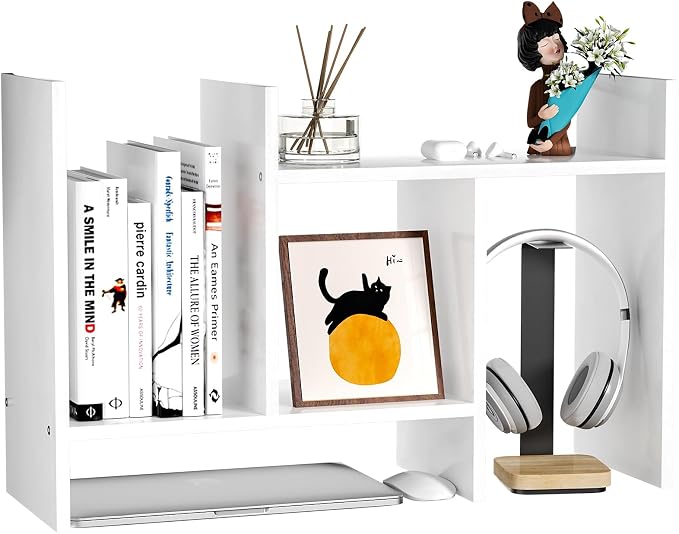 Desk Shelves Wood Desktop Orgnizer Shelf. Office Organization for Top of Desk Organizers and Accessories Bookshelf Shelving,Adjustable Tier H-Shape Mini Bookcase(White)
