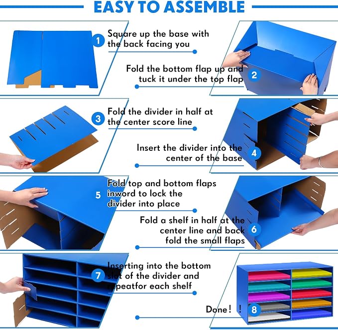 Fuutreo 2 Pcs Construction Paper Storage, Classroom Mailboxe, Back to School Literature Sorter, Sturdy Cardboard Paper Organizer for Teacher, Student, Office, 29.5" x 14.2" x 12.4"(10 Slots,Blue)