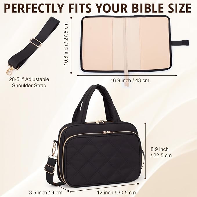 Large Bible Cover for Women,2 Compartments Bible Carrying Case With Handles Shoulder Strap, Soft Puffy Quilted Bible Bags With Book Cover Organizer, Bible Tote For Church Study Supplies Accessories