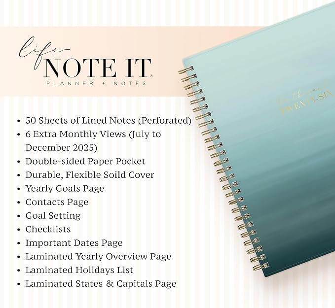 Blue Sky Life Note It 2026 Weekly and Monthly Planner Notes, January 2026 - December 2026, 7" x 9", Flexible Cover, Durable Twin Wire Binding, Storage Pocket, 50 Perforated Notes Sheets, Marina