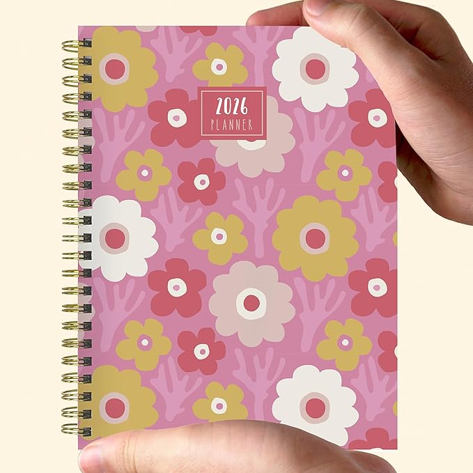 TF Publishing 2026 Pink Pretty Petals Medium Weekly Monthly Planner with 12-Month Calendar Grid and Task Tracker - Vertical Weekly Schedule Planner with Habit Tracker and Stickers - 6.5in x 8in