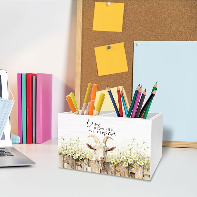Rustic Daisy Floral Goat Pen Holder for Desk, Gifts for Goat Lovers Pencil Organizer, Live Like Someone Left the Gate Open Wooden Box Sign Desk Decor for Home Office Decoration
