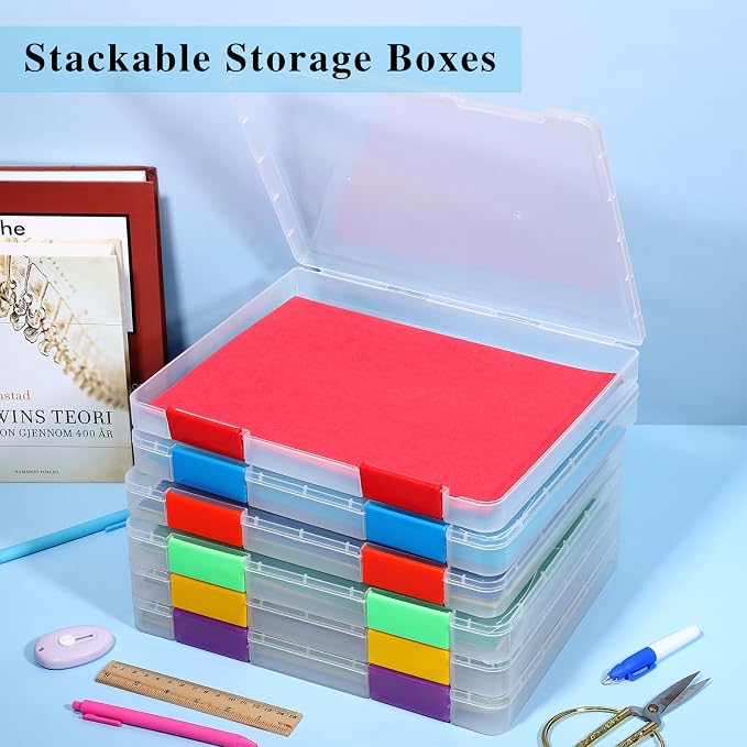 PerKoop 6 Pcs Clear Paper Storage Box A4 Plastic File Box Document Paper Organizer Storage Board Game Project Cases Containers with Buckle for Craft, Magazine(Colorful,12.4 x 9.84 x 1.18 Inches)