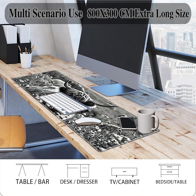 Mouse Pad Gaming Mousepad 31.5x11.8 Inch XXL Large + Coasters,Desk Mat with Stitched Edges, Non-Slip Rubber Base, Thick Mouse Pad for Computer, Laptop, Office & Home - Gray Highland Cow