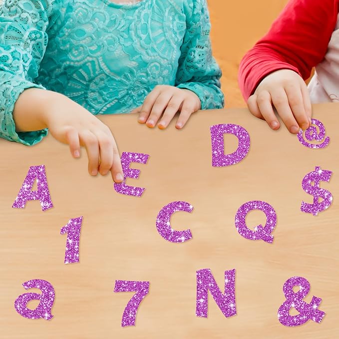 Colarr 216 Pcs Glitter Bulletin Board Letters for Classroom Number Alphabet Punctuation Symbol Cutout 4'' Die-Cut Poster Letter with Adhesive Dot School Party Holiday Decor Display(Purple Pink)