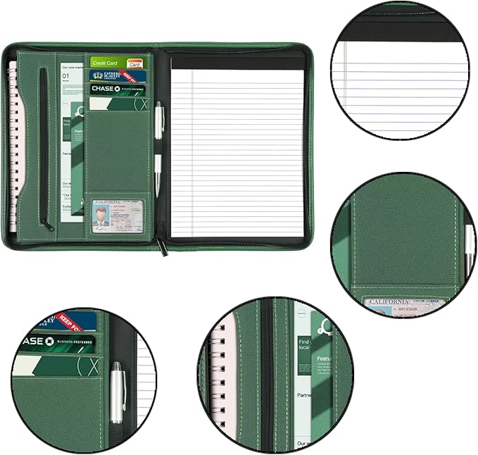 Zippered Portfolio Organizer/ A4 Refillable Lined Writing Notepad Folder Case/Fabric-Covered Padfolio Binder with Interior Storage Pocket for Men Women.Green