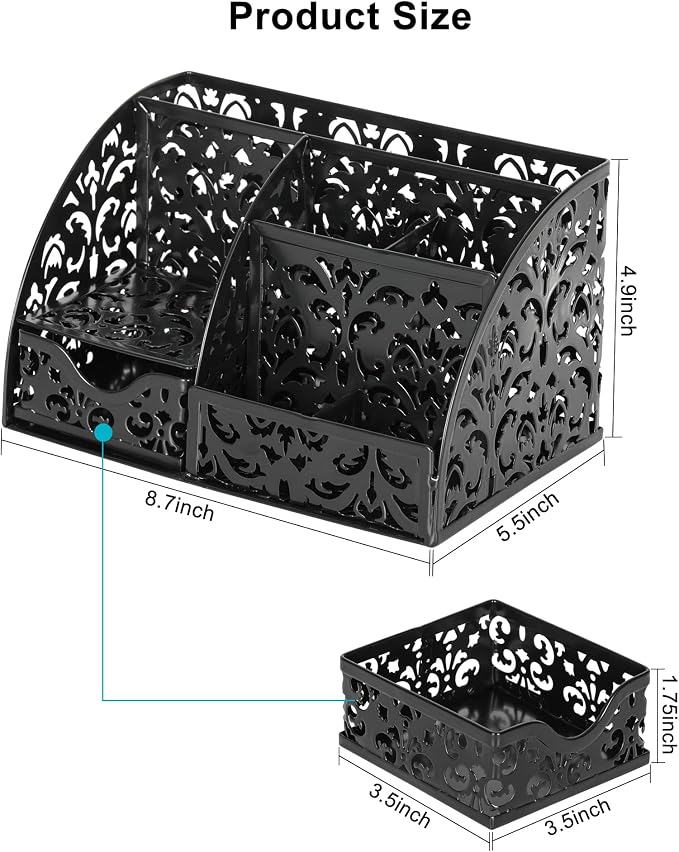EasyPAG Desk Organizer and Pen Holder for Desk, Mesh Office Supplies Storage Caddy with Drawer for Small Space, Desktop Organizer for Home Office, Black