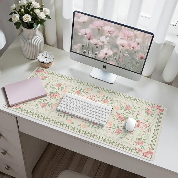HAOCOO Cute Floral Desk Mat, Large Waterproof Mouse Pad, Girly Desk Matt for Desktop, 35.4" x 15.7" Non-Slip Keyboard Pad, Computer Mat with Stitched Edge, Office Decor Home Desk Accessories (Green)