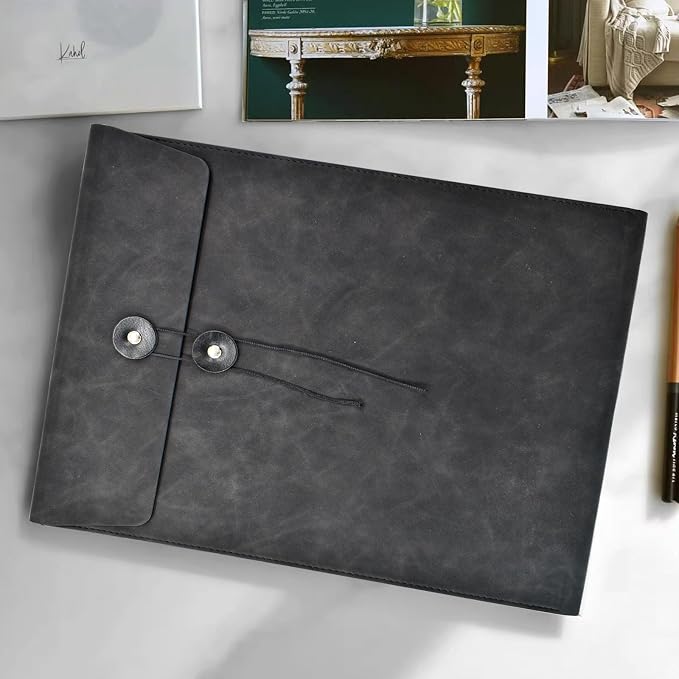 VANRA Vertical PU Leather Envelope File Folders Expanding Document Holder Organizer Pocket Folder Portfolio for A4 Letter Size Paper with String Tie Closure (Black)