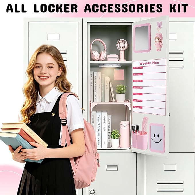 Pink Locker Accessories Kit 16PCS, School Locker Organizer Set with Shelf, Magnetic Mirror, Whiteboard Marker, Pen Holder, Rug, Magnetic Lights, Locker Decor for Girls Teens