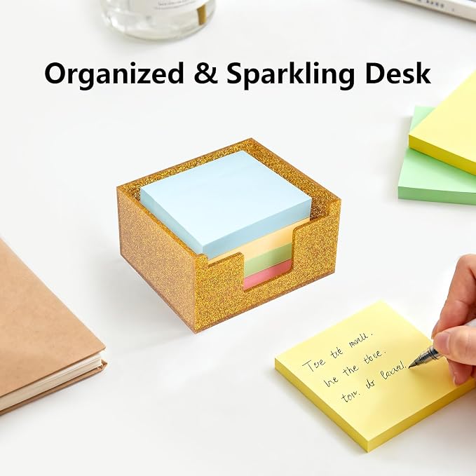 Gold Sparkling Sticky Note Holder, Glitter Acrylic Organizer, 3.94 x 3.94 in Multi-Use Tray for Office, School & Home Desk