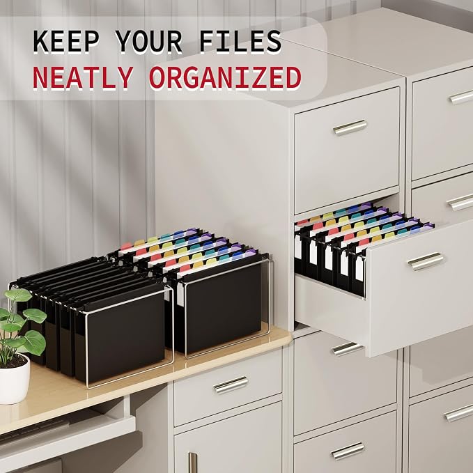 Uquelic Plastic Hanging File Folders Letter Size, 12 Pack Reinforced Heavy Duty Hang Folder with Movable Bright Dividers, Adjustable Tabs, 2" File Organizer for Filing Cabinet, School, Office