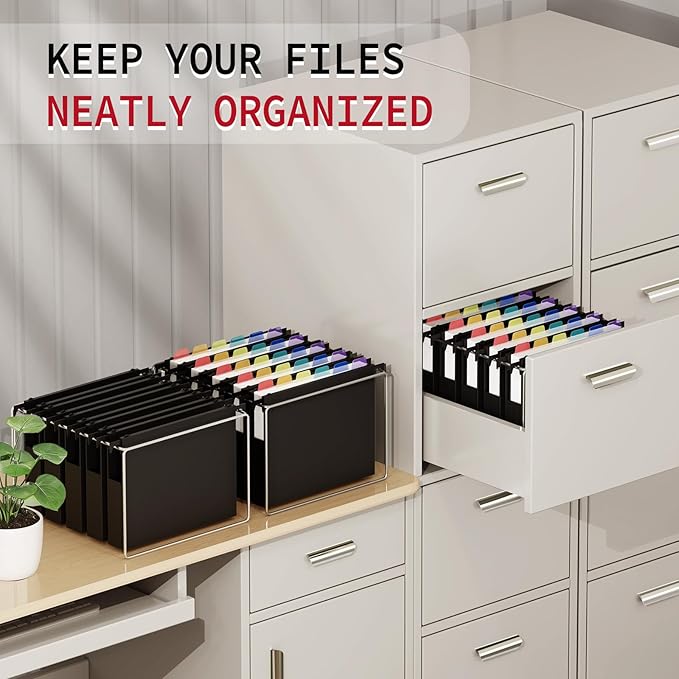 Uquelic Plastic Hanging File Folders Letter Size, 12 Pack Reinforced Heavy Duty Hang Folder with Movable Bright Dividers, Adjustable Tabs, 2" File Organizer for Filing Cabinet, School, Office