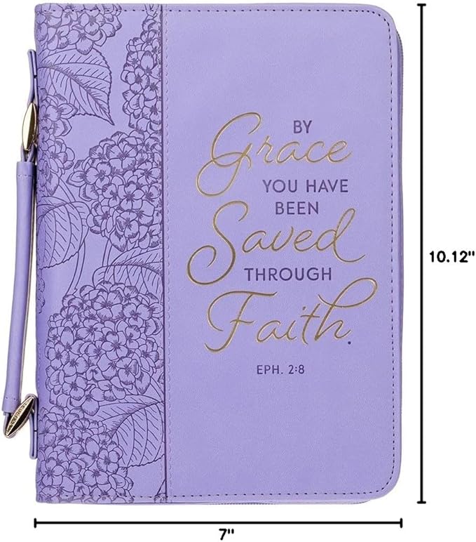Christian Art Gifts Faux Leather Fashion Bible Cover for Women: By Grace You Have Been Saved - Ephesians 2:8 Inspirational Bible Verse, Hydrangea Lavender-Purple, Large