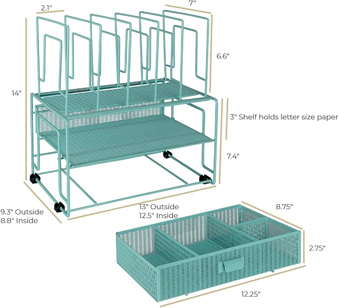 BLU MONACO Mint Green Desk Organizer With File Sorters and Drawer | Metal Mesh Desktop Storage for Office Supplies, Papers, Devices and Folders | 9.3βD x 12.5βW x 14βH All-In-One Workspace Holder