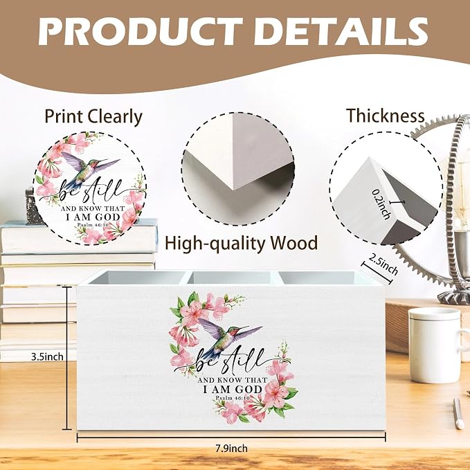 DILSJ Christian Bible Verse Pen Pencil Holder Organizer for Desk, Hummingbird Gifts for Women, Be Still And Know That I Am God Wooden Box Signs for Home Office Church Desk Tabletop Decoration