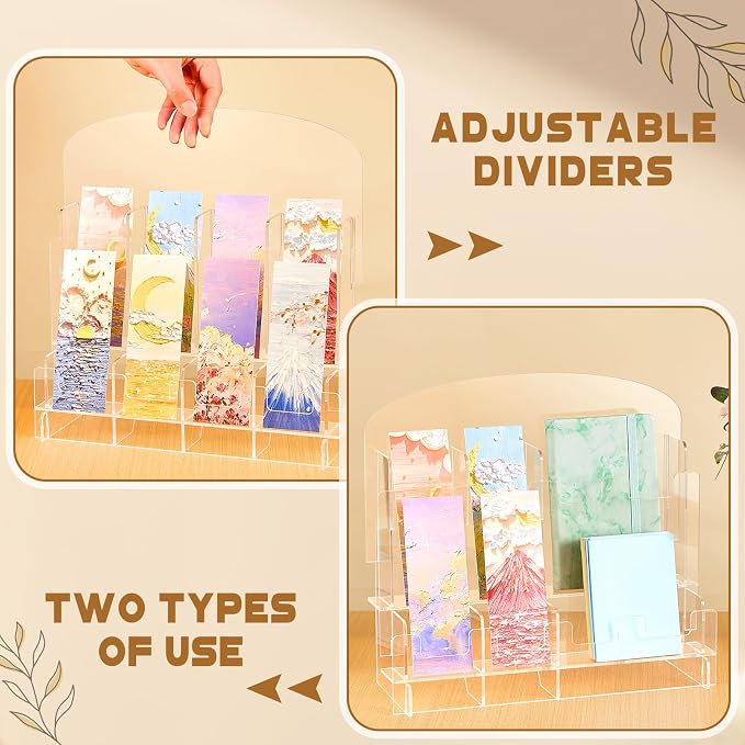 Yuntau Acrylic Bookmark Display, Adjustable 2. 2'' Bookmark Stand, Portable Sticker Holder, Curved Pockets Greeting Card Display for Business Vendor, Retail Store Shop(Detachable,8 Pockets)