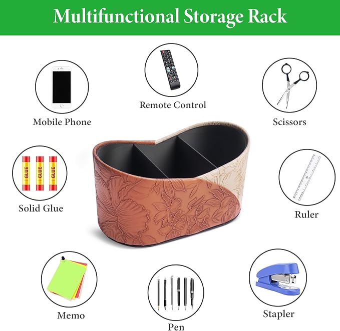 Two Leaves Shaped Leather Art Supply Organizer,Remote Control Holder,Multi-Functional Pencil Holder,3 Compartments Desktop Stationary Organizer(1-Brown)