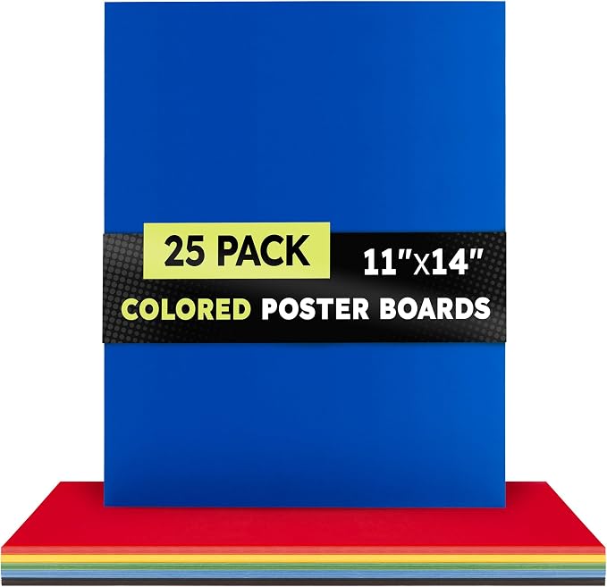 Hygloss Medium Colored Poster Board 11x14-25 Assorted Standard Color Bulk Pack - Red, Yellow, Green, Blue, Black - 10 Pt. Thickness Poster Board Paper, Posterboard Multipack 11" x 14"