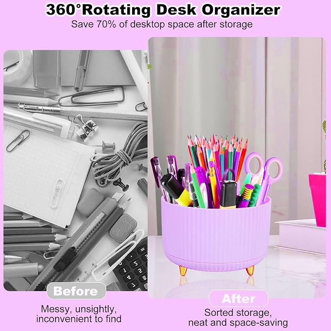 Gawsey Purple Desk Organizers and Accessories with Desk Organizer 360° Rotating Pen Holder and Office Supplies, Cute Stationery Supplies Set
