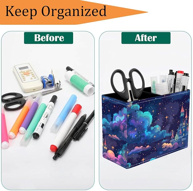 Pen Holder for Desk, PU Leather Multifunctional Desktop Storage Box and Anti-Slip Mouse Pad Set, Makeup Brush Holder Pen Organizer for Office and Home - Astral Cloud Castle