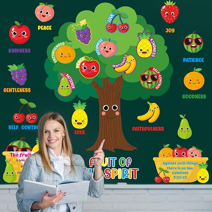 Fruit of The Spirit Bulletin Board Set VBS Vacation Bible School Paper Cutouts Back to School Classroom Decorations Wall Tree Decor for Sunday School Christian Nursery Chalkboard Door Teacher Supplies
