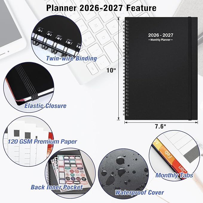 Monthly Planner 2026-2027(7.6'' x 10''), 18 Months Agenda Calendar Planner with Tabs & Pocket, Holidays, Note Pages, Time Management and Hit Your Goals, January 2026 - June 2027, 120GSM Thick Paper