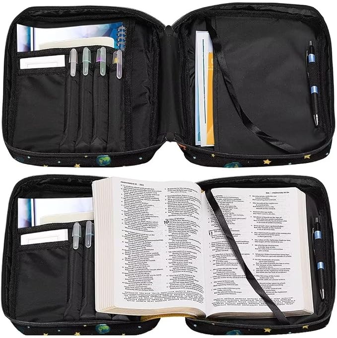 Coldinair Universe Stellar Planets Large Bible Cover with Handle and Bookmark for Kids Boy Bible Carrying Book Case Nylon Church Bag Bible Protective,Standard Large Size Bible Covers