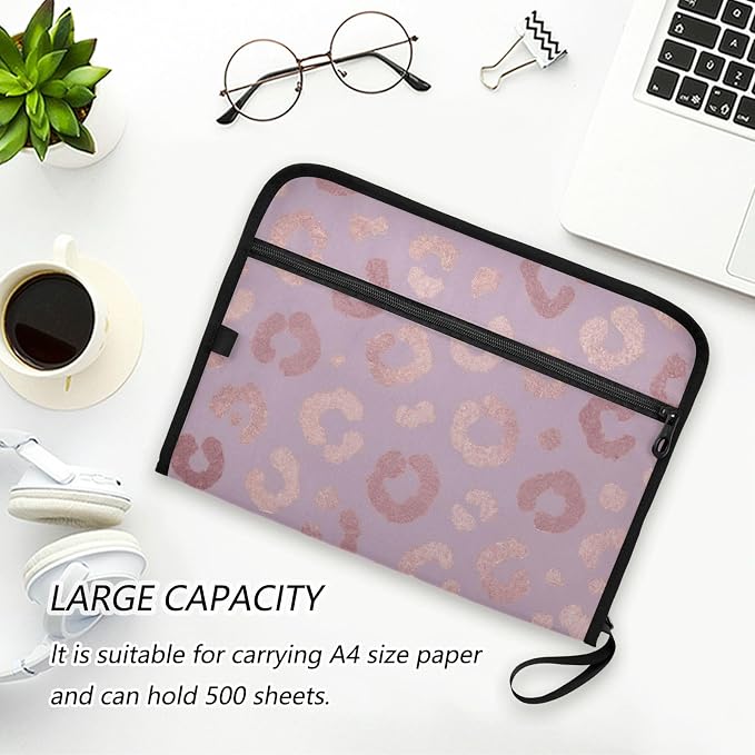 Rose Gold Leopard Expanding Accordion File Folder with 13 Pockets and Zipper Closure