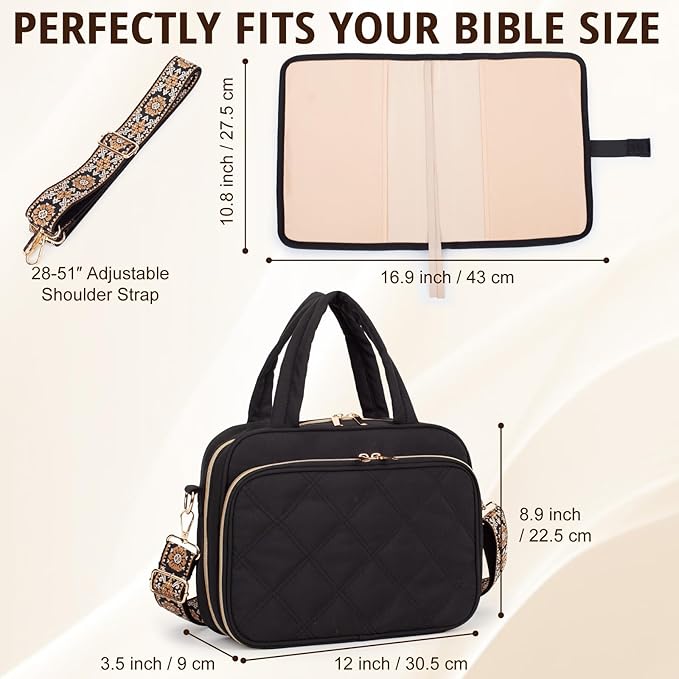 Large Bible Cover for Women,2 Compartments Bible Carrying Case With Handles Shoulder Strap, Soft Puffy Quilted Bible Bags With Book Cover Organizer, Bible Tote For Church Study Supplies Accessories