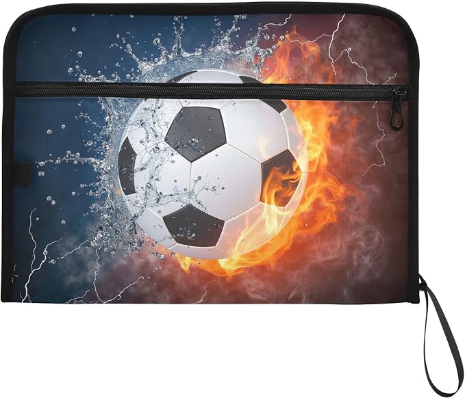 Expanding File Folder Soccer Water Fire Football Accordion File Organizer 13 Pockets Document Organizer with Zipper Labels A4 Letter Office Storage