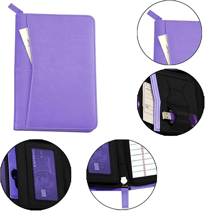 Lcjtop Junior Business Padfolio - A5 PU Leather Portfolio Binder & Zippered Binder Folder with 5 x 8 Writing Pad and Interior Storage Pocket Executive Business Organizer for Men Women,Purple
