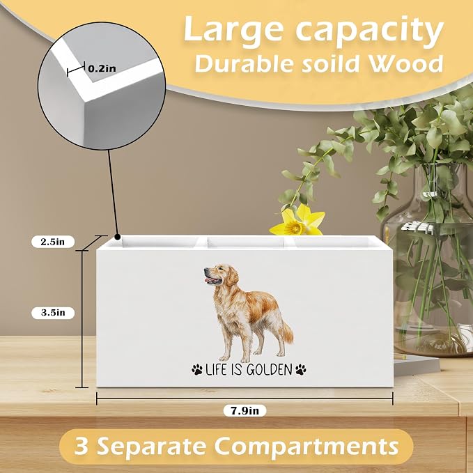 Golden Retriever Gifts Pen Pencil Holder, Dog Lover Gifts for Christmas Dog Lovers Women Girls, Inspirational Life Is Golden Wooden Pen Pencil Organizer for Home Office Bathroom Desk Decor