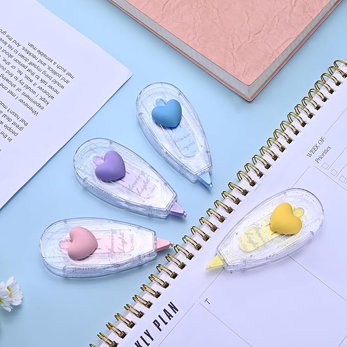 Temiary 4 Pack White Correction Tapes, 19.8 Feet, Quick Dry White Smooth Pull Out Tape for Writing, Aesthetic Easy to Use Applicator for Instant Corrections School Office Supplies (Heart Series)