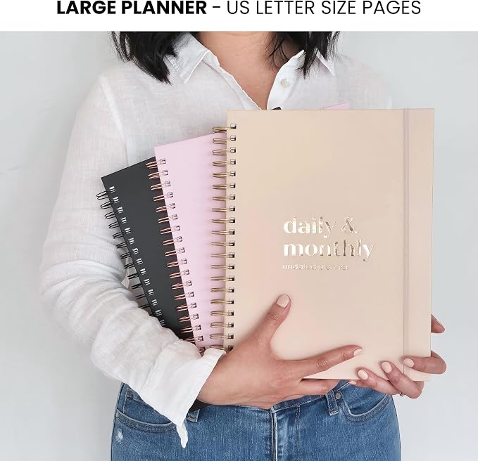 Undated Daily & Monthly Planner 2026-2027 | Hourly Schedule | Large 8.5" x 11" | Daily Work Planner with Full Page Per Day, To Do List, Time Blocking, Beige Hardcover Spiral Notebook