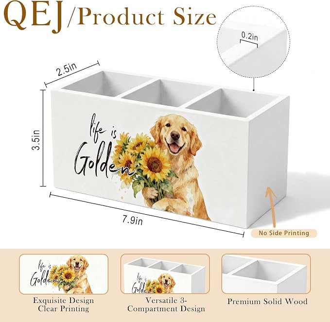 Golden Retriever Gifts Pen Holder for Desk, Golden Retriever Gifts for Women, Sunflower Floral Dog Wooden Box Pencil Pen Organizer for Home Office Desk Tabletop