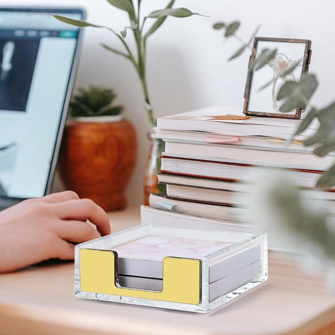 MultiBey Sticky Notes Memo Pad Holder Dispenser Clear Acrylic Gold Post Note Pad Holders Aesthetic Desk Supplies Organizer Accessories for Office Home Schools (Gold)