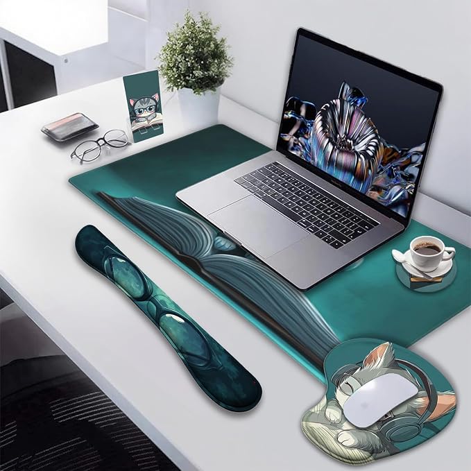 AQQA Mouse Pad Set,Ergonomic Mouse Pad with Wrist Rest,Comfortable Mousepad with Smooth Wrist Support Surface and Non-Slip PU Base forHome Office Desk Accessories Decor Supplies,Cute Cat
